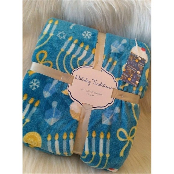 other Other - Hanukkah Plush Blanket Large Throw  Menorah Dreidel 50" X 70" NWT